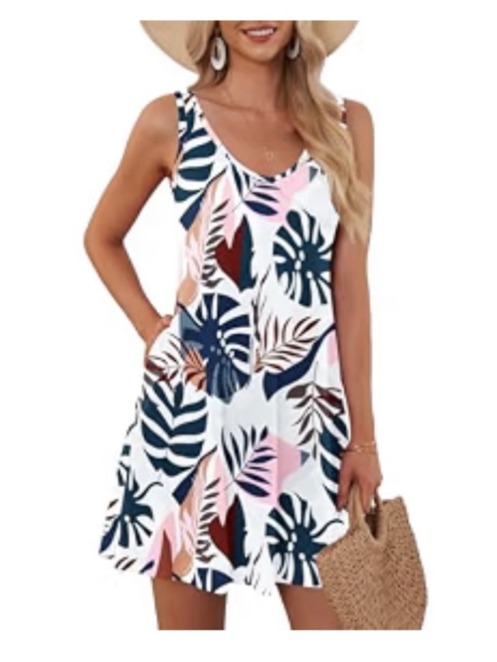 Tropical Leaf Print Mini Dress - White/Navy/Pink